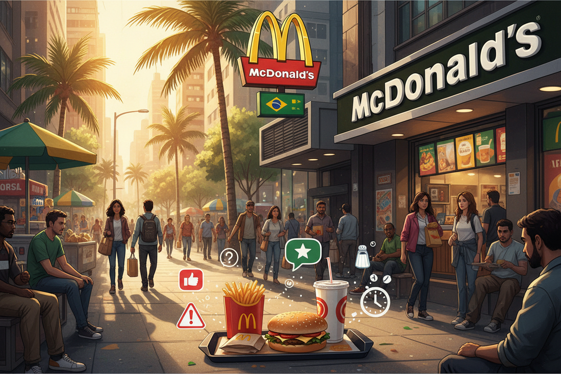 McDonald’s Brazil storefront with the golden arches logo as Brazilian customers provide feedback, illustrating cultural awareness and brand lessons