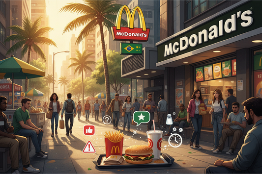 McDonald’s Brazil storefront with the golden arches logo as Brazilian customers provide feedback, illustrating cultural awareness and brand lessons